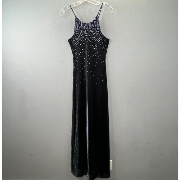 Vintage 90s Jump Prom Slip Dress 5/6 Deep Blue Black Rhinestones Straps Maxi - Picture 1 of 13